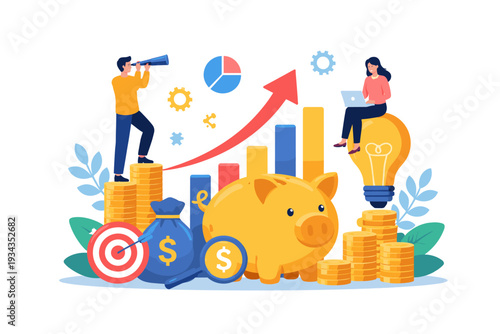 Financial growth and investment strategy with piggy bank and rising charts