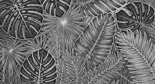 Monstera and palm leaves pattern in grayscale.