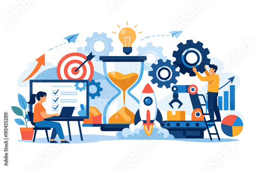 Business strategy and project management concepts visualized with icons and symbols