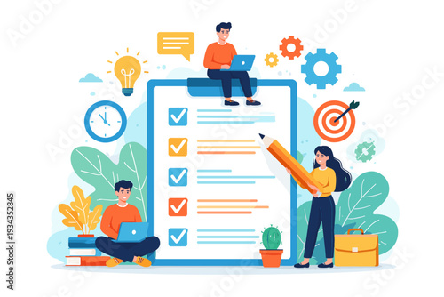 Teamwork and planning with checklist, goal setting, and time management concepts