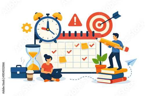 Effective time management and planning with calendar, clock, and target symbols