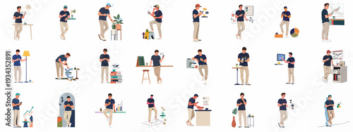 Diverse illustrations of a man using his mobile phone for business, finance, and daily tasks, showcasing modern digital interaction and productivity.