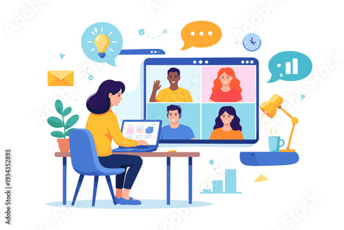 Woman participating in a video conference call with colleagues from home office