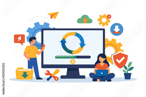 Digital transformation and system update process with progress bar and icons