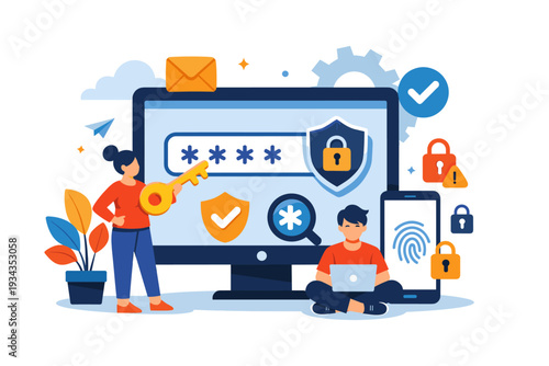 Digital security and privacy concept with people and devices protecting data