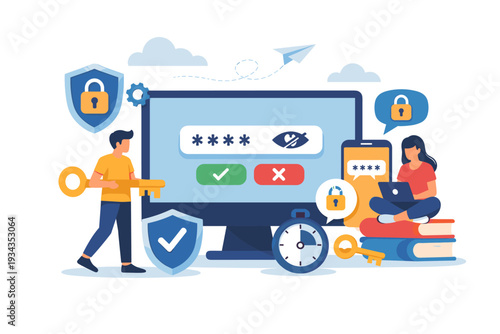 Digital security concepts with password entry and protection symbols