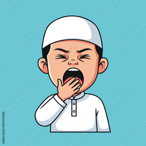 Cartoon Muslim boy yawning with hand on mouth against blue background