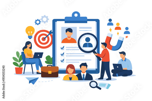 Recruitment process and candidate selection with hiring team analyzing resumes and profiles