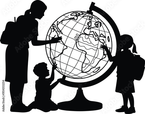 Family learning together with globe illustration