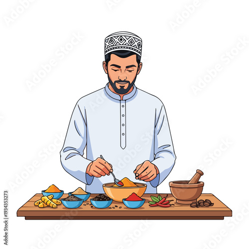 Man preparing food with various spices on a wooden table