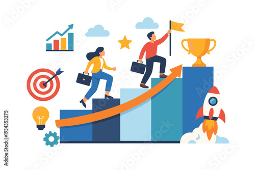 Business people climbing stairs towards success with trophy and rocket launch symbolizing growth