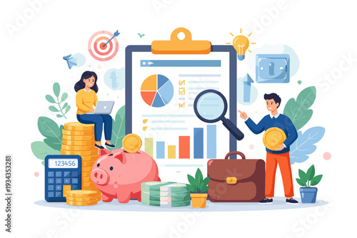 Financial analysis and investment growth concept with people and money symbols