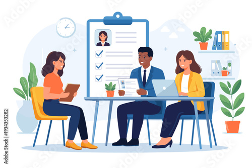 Job interview process with candidates and recruiters discussing qualifications and experience