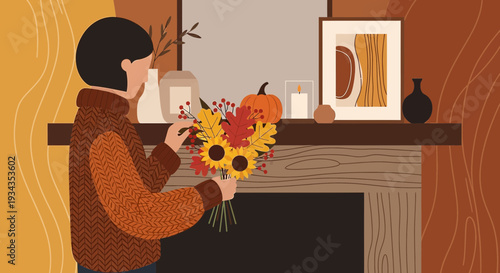Autumn Cozy Scene: Woman Arranging Fall Flowers by Fireplace