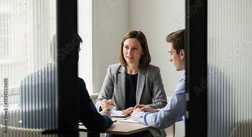 Businesswoman leading a meeting with two male colleagues in a modern office.