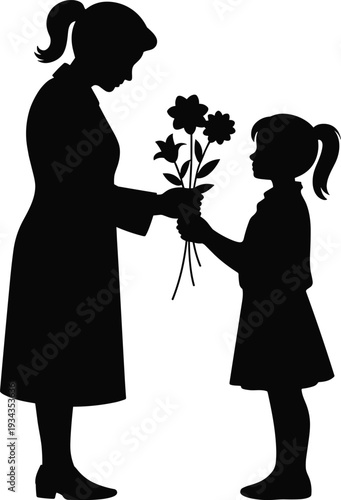 Mother receiving flowers from little girl in silhouette