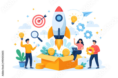 Creative launch concept with rocket and idea generation tools