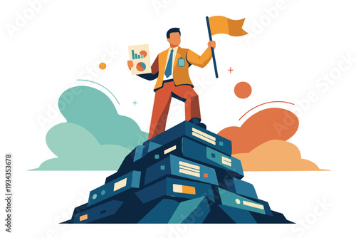 Businessman standing on stack of binders holding flag and report.