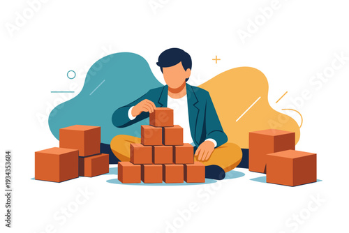 Man building with blocks representing growth and development.