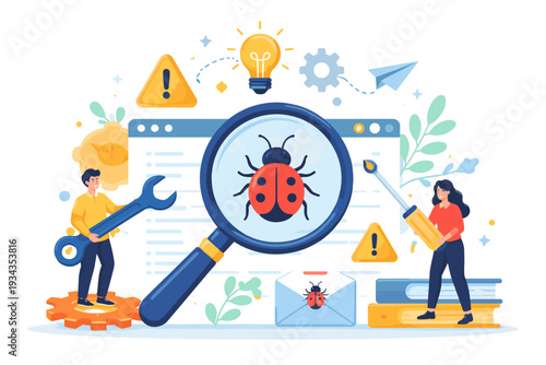 Software debugging and testing process with magnifying glass and tools