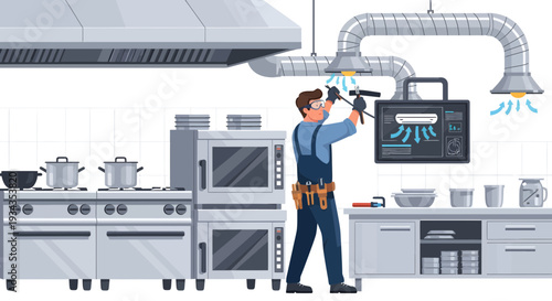 Commercial Kitchen Ventilation System Maintenance Technician Working.