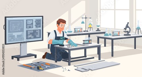 Young man working diligently in a science laboratory setting.