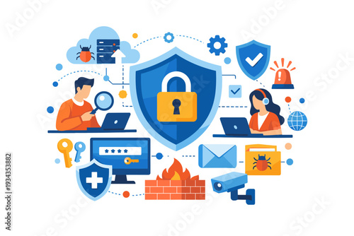 Digital security concept with people working on laptops and cyber protection elements