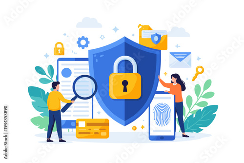 Digital security concept with people interacting with technology and data protection elements