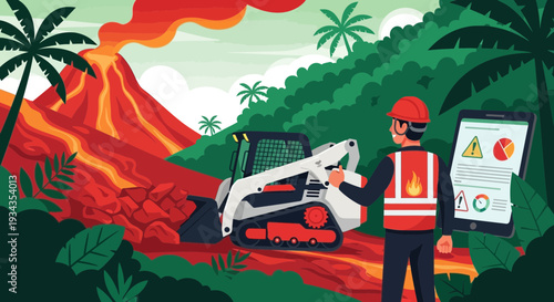 Construction Worker Manages Skid Steer Loader Near Volcanic Eruption.