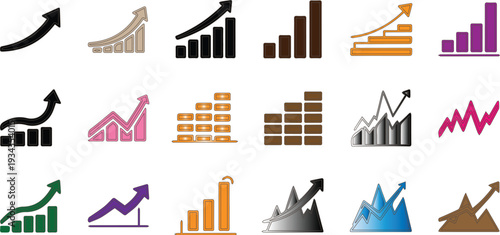 Collection of various colorful bar graphs and charts icons