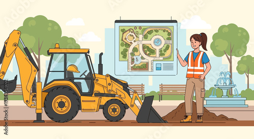 Construction worker planning project with excavator and blueprint.