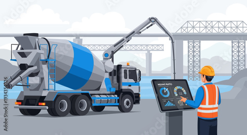 Construction worker operating advanced concrete mixer truck technology.