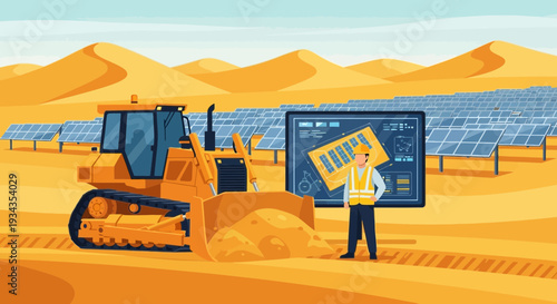 Construction worker overseeing solar panel installation with bulldozer.