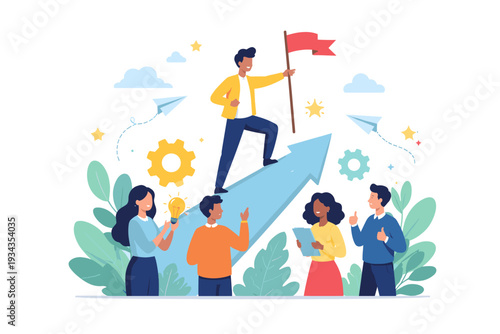 Team celebrates success as leader plants flag on upward arrow, symbolizing achievement