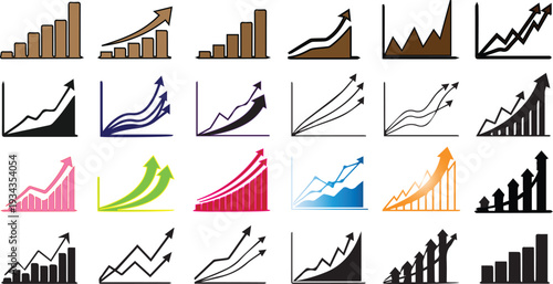 Collection of 20 different colored and styled line graphs and bar charts