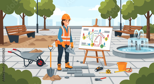 Construction worker studying landscape design plan on easel.