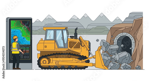 Construction worker supervises bulldozer clearing debris from tunnel entrance.