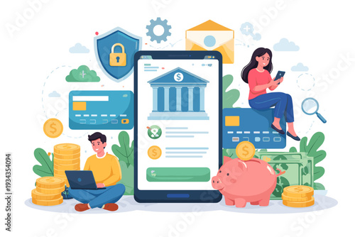 Digital banking and finance concept with people using mobile devices and credit cards