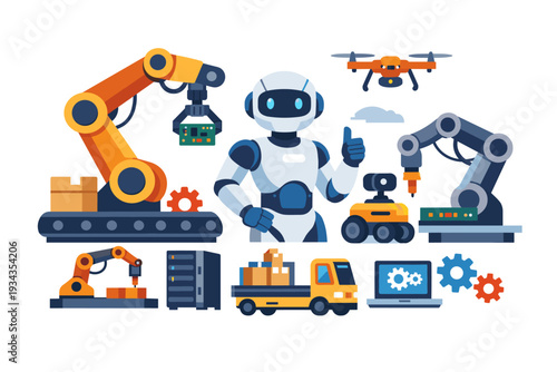 Modern automation technology with robots, drones, and industrial machinery