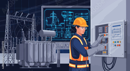 Electrician working on control panel in power station.