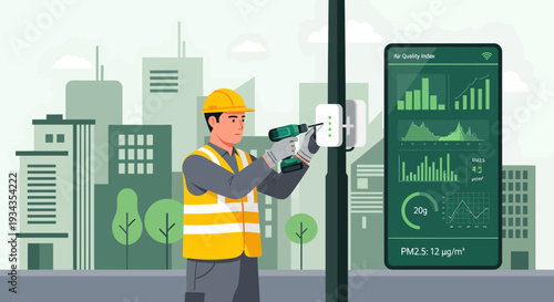 Electrician Installing Smart Device on Pole with Smartphone Data.