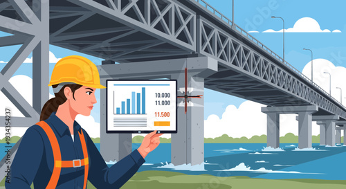 Engineer Inspecting Bridge Structure Data on Tablet.