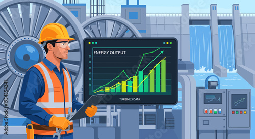 Engineer Inspecting Energy Output Data on a Tablet.