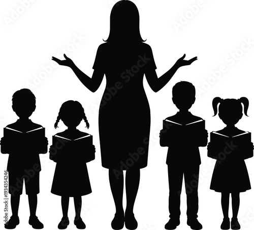 Teacher guiding students in educational setting with open arms