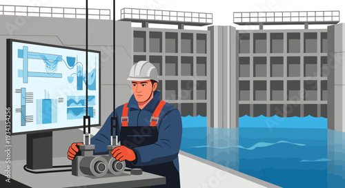 Engineer working on control panel at water lock facility.
