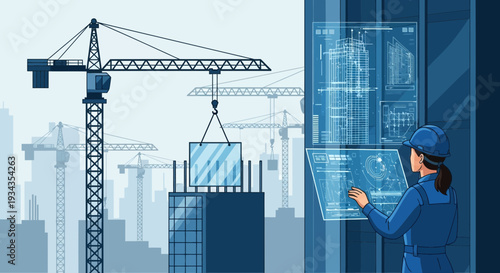 Engineer using futuristic holographic interface on construction site.