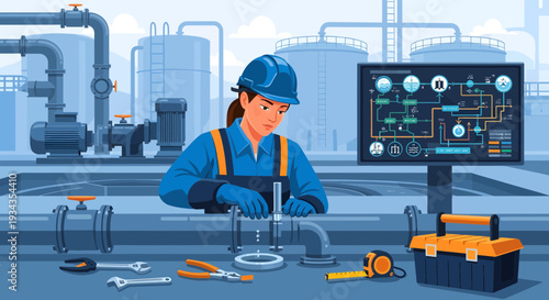 Female Engineer Working on Industrial Pipeline System.