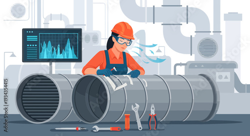 Female technician working on industrial ventilation system.