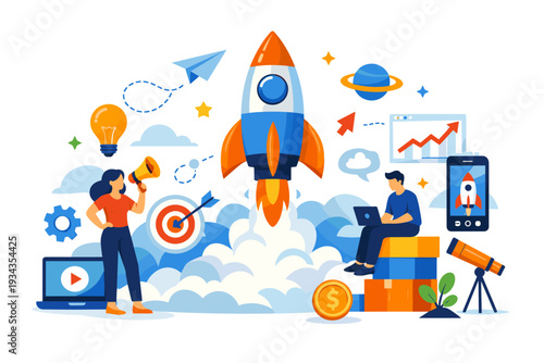Business startup concept with rocket launch, marketing, and growth strategy elements