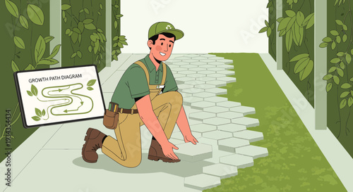 Gardener laying stone path in lush green garden setting.